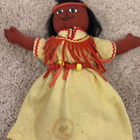 Handmade Native-Inspired Cloth Doll With Yellow Dress‎ Fringe Details - Picture 4 of 11